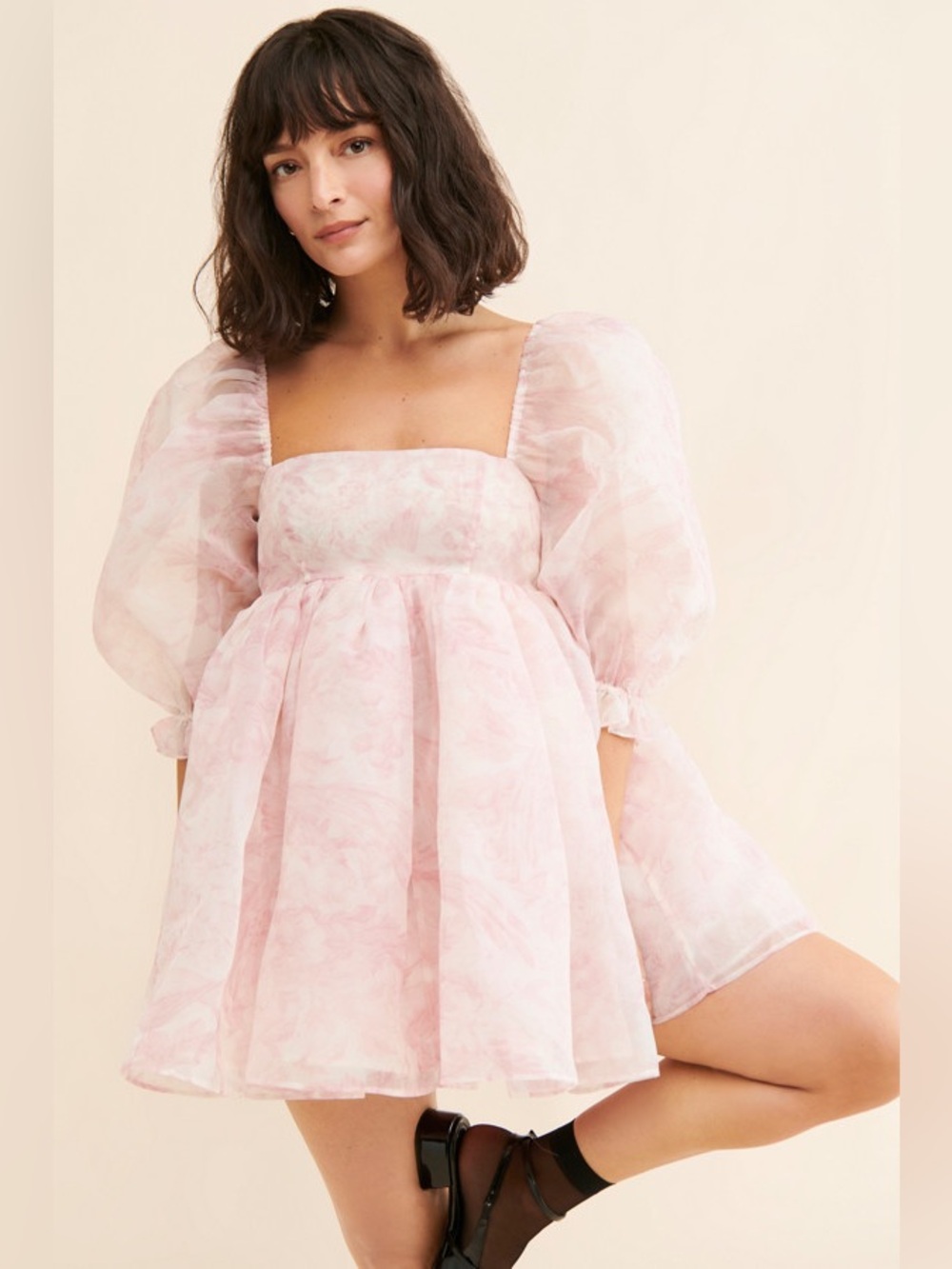 Selkie Puff Sleeve Pink White Floral Organza Babydoll Fairy Mini Dress M - Picture 2 of 9